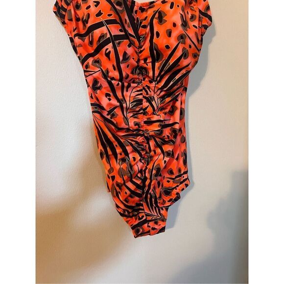 Maxine Sz 16 Gathered Front One Piece Swimsuit Red Orange Animal Print Shapewear - Picture 10 of 14